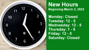 Renville hours
Starting march 3
Tuesday 12 - 5
Wednesday 12 - 5
Thursday 1 -6
Friday 12 - 5